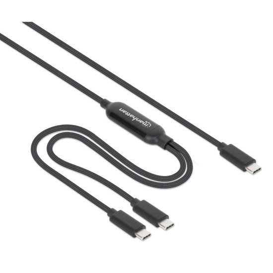 Manhattan Câble de charge USB-C vers USB-C double, répartiteur intelligent, 100 W, 2 m, charge deux appareils depuis un port USB-C PD, gaine tressée, noir, garantie 3 ans