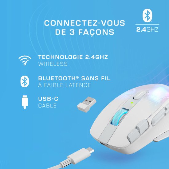 Turtle Beach Kone XP Air - Souris gaming RGB ergonomique, personnalisable et sans fil, Bluetooth, capteur optique 19 000 DPI, autonomie de batterie de 100 heures, station de charge, 29 entrées programmables, éclairage AIMO RGB, molette 4D Blanc
