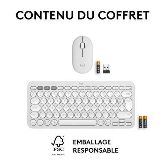 Logitech Pebble 2 Combo clavier Souris incluse RF sans fil + Bluetooth AZERTY Français Blanc