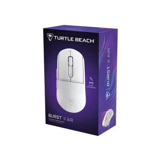 Turtle Beach Burst II Air - Souris gaming sans fil 2,4 GHz : ultralégère avec 47 g, touches optiques, symétrique, capteur optique 26 000 PPP, Bluetooth, autonomie 120 heures, câble USB-C Blanc Turtle Beach Burst II Air - Souris gaming sans fil 2,4 GHz : ultralégère avec 47 g, touches optiques, symétrique, capteur optique 26 000 PPP, Bluetooth, autonomie 120 heures, câble USB-C Blanc