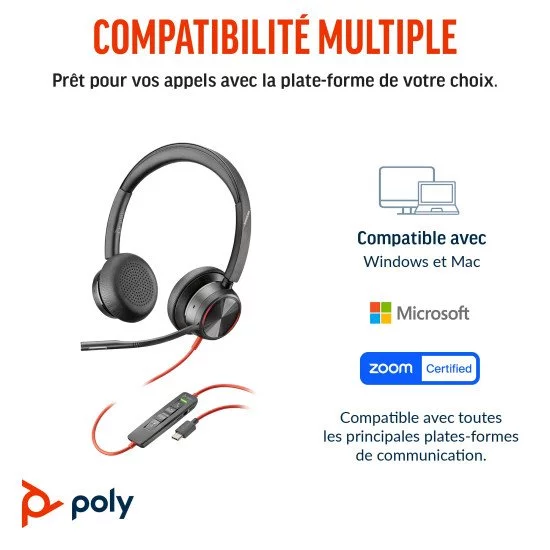 POLY Micro-casque Blackwire 8225 stéréo USB-C certifié Microsoft Teams + adaptateur USB-C/A POLY Micro-casque Blackwire 8225 stéréo USB-C certifié Microsoft Teams + adaptateur USB-C/A