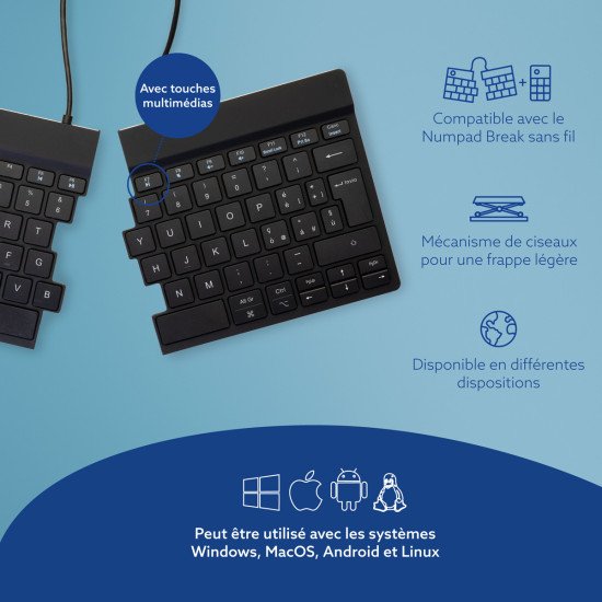 R-Go Tools Clavier ergonomique R-Go Split Break avec logiciel de pause, clavier ergonomique divisé, QWERTY (IT), bluetooth, noir