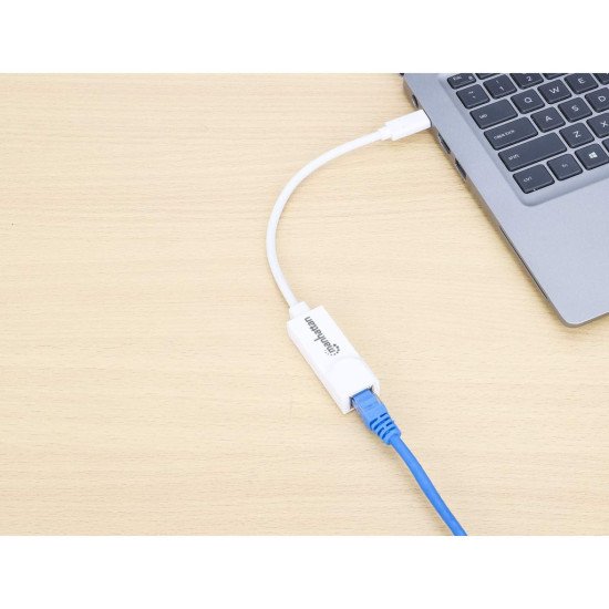 Manhattan Adaptateur USB-C vers Ethernet Gigabit, réseau 10/100/1000 Mbit/s, jusqu'à 2 Gbit/s en duplex intégral, RJ45, blanc, garantie 3 ans, équivalent à US1GC30W