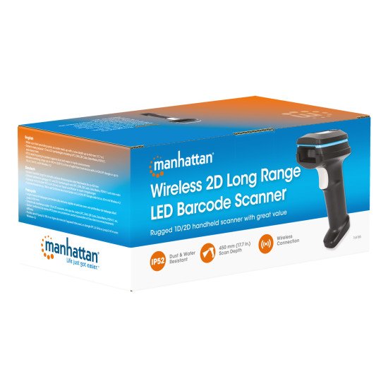 Manhattan Scanner code-barres 2D sans fil, profondeur de lecture 250 mm, portée effective jusqu'à 80 m (ligne de vue), lumière ambiante max. 100 000 lux, noir, câble de charge USB-A vers USB-C (1 m) inclus, garantie 3 ans