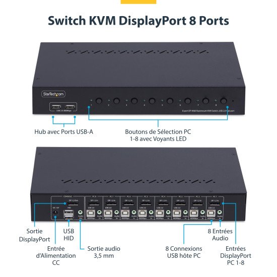 StarTech.com Commutateur KVM DisplayPort 8 Ports avec Kit de Montage en Rack 1U, DP 1.2 4K 60Hz, Commutation par Bouton-Poussoir, Switch 8 Ports, Hub USB 4 Ports, Indépendant de l'OS, Conforme TAA StarTech.com Commutateur KVM DisplayPort 8 Ports avec Kit de Montage en Rack 1U, DP 1.2 4K 60Hz, Commutation par Bouton-Poussoir, Switch 8 Ports, Hub USB 4 Ports, Indépendant de l'OS, Conforme TAA