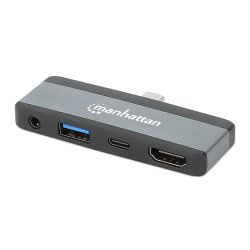 Manhattan Dock/hub de voyage USB-C, 4 ports : HDMI, USB-A, USB-C et audio 3,5 mm, avec Power Delivery (PD) 100 W - nécessite un chargeur USB-C externe (non inclus). Alimenté par USB (aucune alimentation externe requise) lorsque le PD n'est pas utilisé