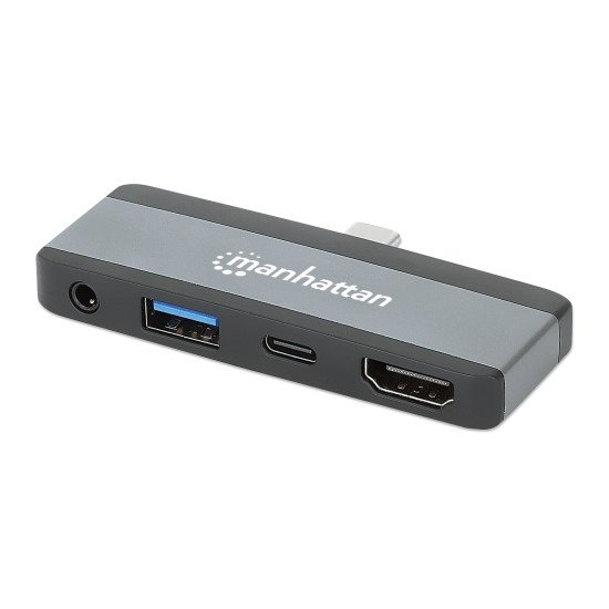 Manhattan Dock/hub de voyage USB-C, 4 ports : HDMI, USB-A, USB-C et audio 3,5 mm, avec Power Delivery (PD) 100 W - nécessite un chargeur USB-C externe (non inclus). Alimenté par USB (aucune alimentation externe requise) lorsque le PD n'est pas utilisé