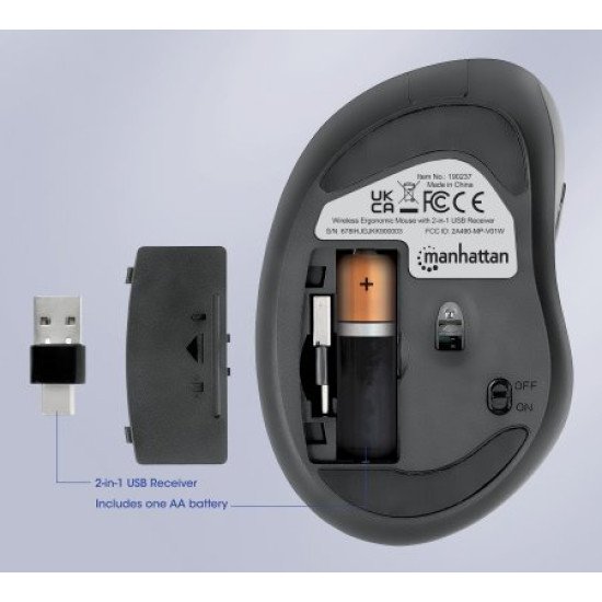 Manhattan Souris ergonomique sans fil (droitière), DPI réglable 800/1200/1600, 2,4 GHz (jusqu'à 10 m), 6 boutons avec molette, récepteur USB-A et USB-C combiné, noire, pile AA incluse, garantie 3 ans
