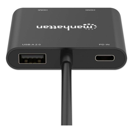 Manhattan Adaptateur USB-C vers double HDMI + USB-A, double 4K@30Hz ou 4K@60Hz (un écran), PD 100 W, 480 Mbit/s (USB 2.0), câble 15 cm, noir, garantie 3 ans
