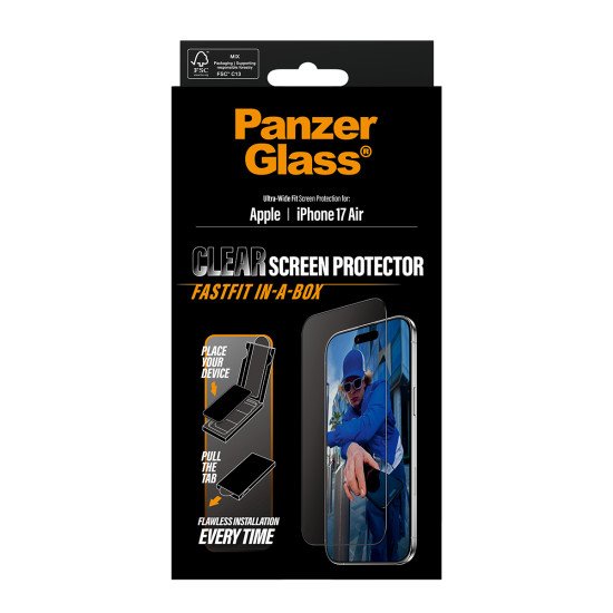 PanzerGlass ® Screen Protector w. Black Frame iPhone 17 Air | Ultra-Wide Fit w. FASTFIT IN-A-BOX Protection d'écran transparent Apple 1 pièce(s) PanzerGlass ® Screen Protector w. Black Frame iPhone 17 Air | Ultra-Wide Fit w. FASTFIT IN-A-BOX Protection d'écran transparent Apple 1 pièce(s)