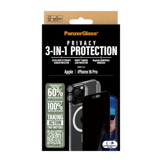 PanzerGlass ® 3-in-1 Privacy Protection Bundle iPhone 16 Pro Protection d'écran transparent Apple 1 pièce(s) PanzerGlass ® 3-in-1 Privacy Protection Bundle iPhone 16 Pro Protection d'écran transparent Apple 1 pièce(s)