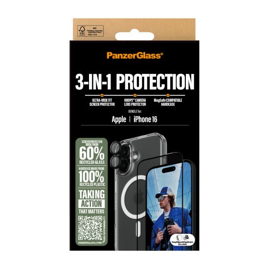 PanzerGlass ® 3-in-1 Protection Bundle iPhone 16 Protection d'écran transparent Apple 1 pièce(s) PanzerGlass ® 3-in-1 Protection Bundle iPhone 16 Protection d'écran transparent Apple 1 pièce(s)