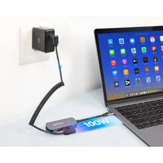 Manhattan Dock/hub USB-C, 3 ports : HDMI, USB-A, USB-C, avec Power Delivery (PD) 100 W - nécessite un chargeur USB-C externe (non inclus). Alimenté par USB (aucune alimentation externe requise) lorsque le PD n'est pas utilisé, aluminium
