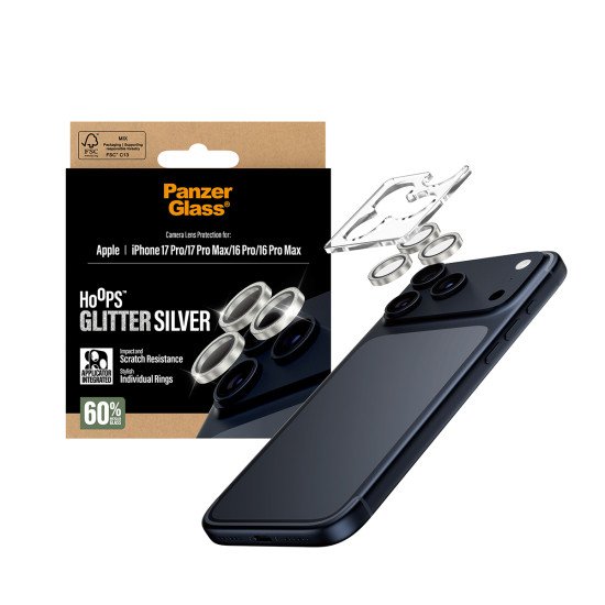 PanzerGlass ® Hoops® Glitter Silver Camera Lens Protector iPhone 17 Pro | iPhone 17 Pro Max | iPhone 16 Pro | 16 Pro Max Protection d'écran transparent Apple 1 pièce(s) PanzerGlass ® Hoops® Glitter Silver Camera Lens Protector iPhone 17 Pro | iPhone 17 Pro Max | iPhone 16 Pro | 16 Pro Max Protection d'écran transparent Apple 1 pièce(s)