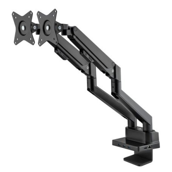 Manhattan Support de bureau double pour TV/moniteurs (bras à vérin gaz à Bras articulé) avec station d'accueil intégrée, écrans jusqu'à 27", Ethernet, HDMI x2, USB-A x3, USB-C, alimentation USB-C PD 100 W (Chargeur USB-C non inclus)