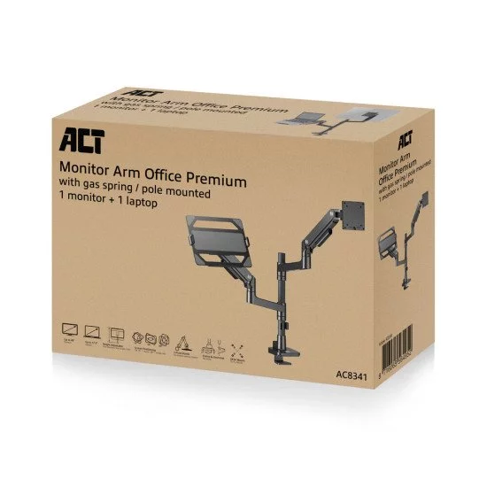ACT Bras pour moniteur et ordinateur portable office premium, avec vérin à gaz, monté sur poteau ACT Bras pour moniteur et ordinateur portable office premium, avec vérin à gaz, monté sur poteau