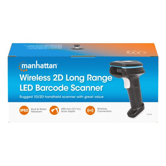 Manhattan Scanner code-barres 2D sans fil, profondeur de lecture 250 mm, portée effective jusqu'à 80 m (ligne de vue), lumière ambiante max. 100 000 lux, noir, câble de charge USB-A vers USB-C (1 m) inclus, garantie 3 ans