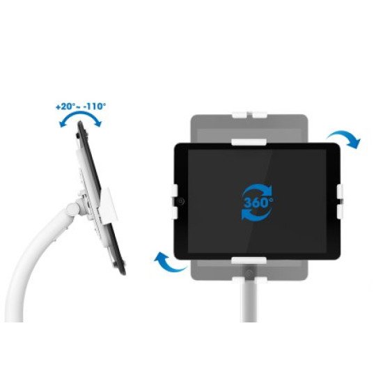 Manhattan Support de sol antivol pour tablette et iPad, universel, rotation 360°, inclinaison +20° à -110°, verrouillable, blanc, pour tablettes 7,9"–11", hauteur réglable 790 à 1190 mm, fixation à l'arrière au sol possible