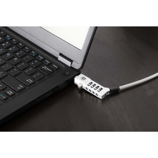 Manhattan Câble antivol universel à combinaison pour ordinateur portable (Noble Wedge®, Nano et K-Slot), 3 en 1, combinaison réinitialisable à 4 chiffres, câble de 1,8 m en acier carbone résistant à la coupe, gaine PVC translucide, argent