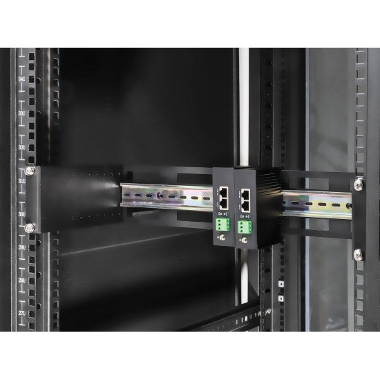 Intellinet Kit rail DIN réglable 19", 2U, pour équipements sur rail DIN chapeau, profondeur réglable 48–174 mm, aluminium, noir RAL 9005, garantie trois ans