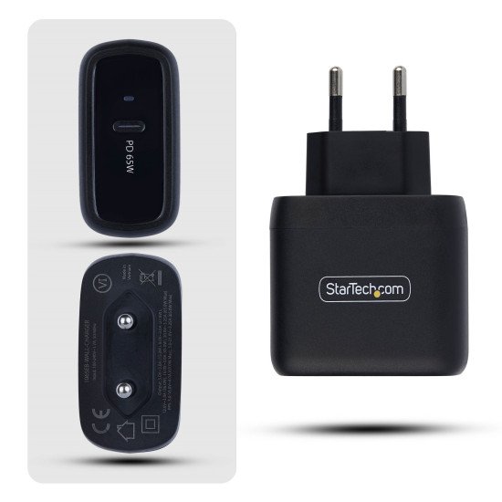 StarTech.com Chargeur PC Portable USB-C 65W, Chargeur Mural GaN Compact Pour Dell, XPS, HP ProBook, MacBook Pro, Surface Pro, Noir