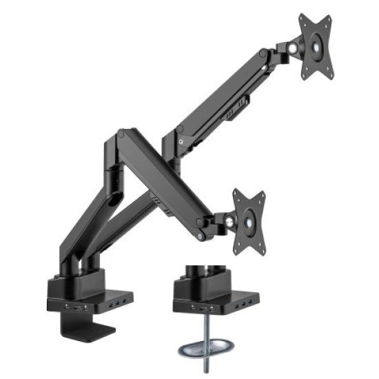 Manhattan Support de bureau double pour TV/moniteurs (bras à vérin gaz à Bras articulé) avec station d'accueil intégrée, écrans jusqu'à 27", Ethernet, HDMI x2, USB-A x3, USB-C, alimentation USB-C PD 100 W (Chargeur USB-C non inclus)