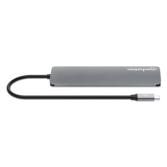 Manhattan Dock/hub USB-C avec lecteur de cartes, 5 ports : HDMI, 2x USB-A + 2x USB-C, avec Power Delivery (PD) 100 W - nécessite un chargeur USB-C externe (non inclus). Alimenté par USB (aucune alimentation externe requise) lorsque le PD n'est pas utilisé