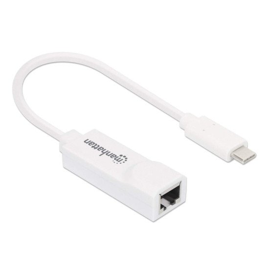 Manhattan Adaptateur USB-C vers Ethernet Gigabit, réseau 10/100/1000 Mbit/s, jusqu'à 2 Gbit/s en duplex intégral, RJ45, blanc, garantie 3 ans, équivalent à US1GC30W