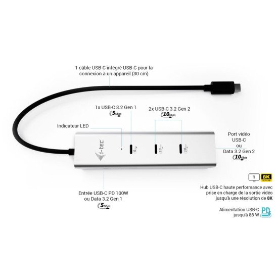 i-tec Metal USB-C Charging HUB 5port with USB-C video 8K + Power Delivery 85W