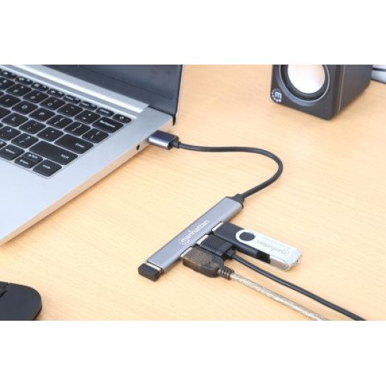 Manhattan Hub USB-A 4 ports, 4x USB-A (1x 5 Gbps USB 3.0 + 3x 480 Mbps USB 2.0), Alimenté par USB (aucune alimentation externe requise), aluminium