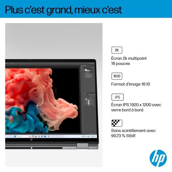 HP OmniBook X FlipNGAI 16-ar0771nb Copilot+ PC AMD Ryzen AI 7 350 Hybride (2-en-1) 40,6 cm (16") Écran tactile 2K 16 Go LPDDR5x-SDRAM 1 To SSD Wi-Fi 6E (802.11ax) Windows 11 Home Argent