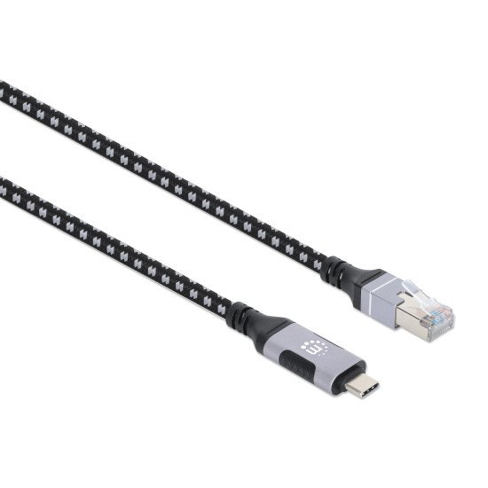 Manhattan Câble USB-C vers réseau Gigabit RJ45 (10/100/1000), 2 m, Ethernet multi-gigabit, noir/argent, garantie 3 ans