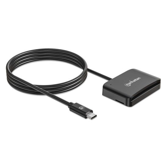 Manhattan Lecteur de cartes à puce à contact USB-C, avec emplacement microSD, connecteur USB-C mâle, compatible avec Windows, macOS et Linux, lit les cartes SIM avec adaptateur, câble de 1 m, noir, garantie de 3 ans