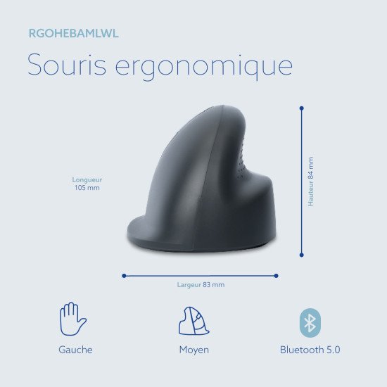 R-Go Tools Souris verticale R-Go HE Basic, souris ergonomique, taille moyenne (longueur de la main : 165-185 mm), pour gauchers, Bluetooth