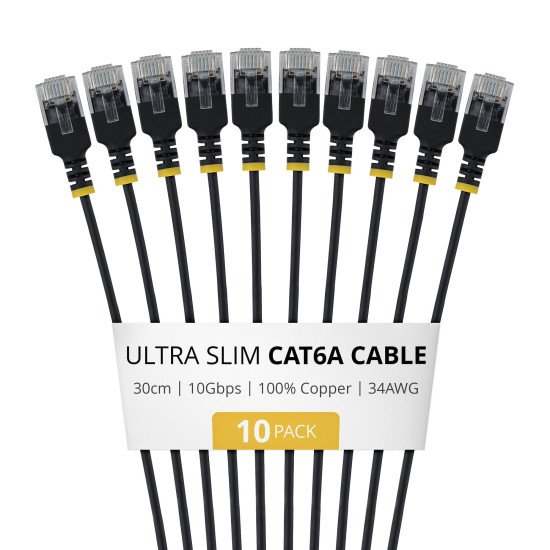 StarTech.com Câble Ethernet Cat6A Noir Ultra-Fin de 30cm, Lot de 10, UTP, Fil de Cuivre Nu Pur, Câble Patch Réseau RJ45 Ultra-Fin 34 AWG, Testé Individuellement