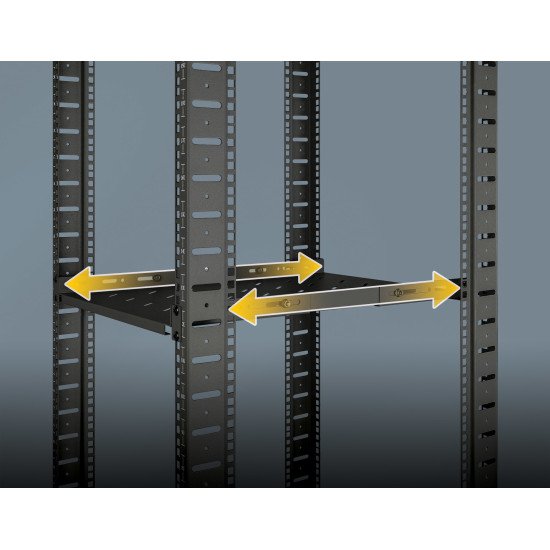Intellinet Étagère fixe réglable 19", 1U, profondeur 750 mm, rails réglables de 750 à 950 mm, charge max. 20 kg, noire, garantie à vie