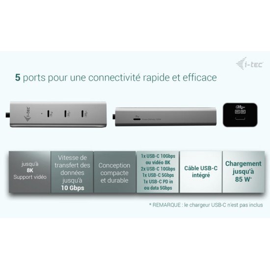 i-tec Metal USB-C Charging HUB 5port with USB-C video 8K + Power Delivery 85W