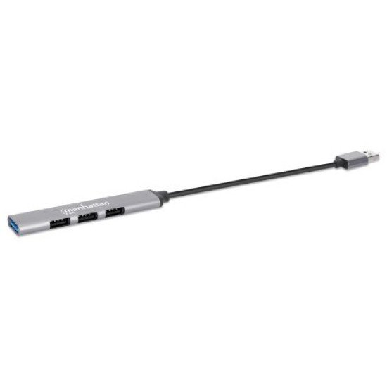 Manhattan Hub USB-A 4 ports, 4x USB-A (1x 5 Gbps USB 3.0 + 3x 480 Mbps USB 2.0), Alimenté par USB (aucune alimentation externe requise), aluminium