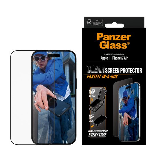 PanzerGlass ® Screen Protector w. Black Frame iPhone 17 Air | Ultra-Wide Fit w. FASTFIT IN-A-BOX Protection d'écran transparent Apple 1 pièce(s) PanzerGlass ® Screen Protector w. Black Frame iPhone 17 Air | Ultra-Wide Fit w. FASTFIT IN-A-BOX Protection d'écran transparent Apple 1 pièce(s)