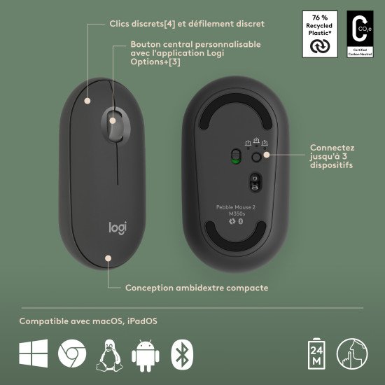 Logitech Pebble 2 Combo for Mac clavier Souris incluse RF sans fil + Bluetooth AZERTY Français Graphite