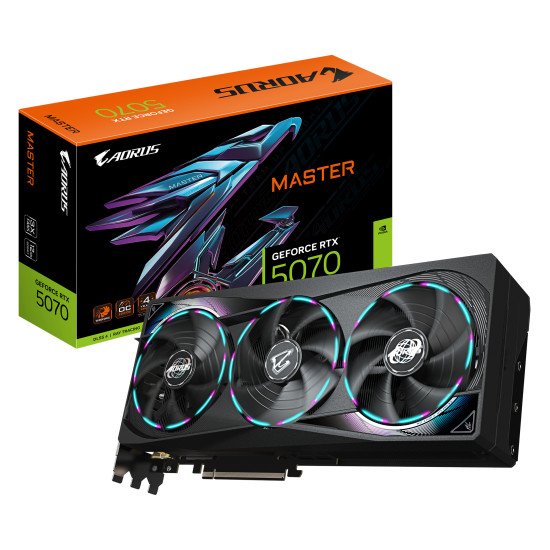 GIGABYTE AORUS GeForce RTX 5070 MASTER 12G Carte Graphique - 12 Go GDDR7, 192 bits, PCI-E 5.0, 2715 MHz Core Clock, 3 x DP 2.1a, 1 x HDMI 2.1b, NVIDIA DLSS 4, GV-N5070AORUS M-12GD GIGABYTE AORUS GeForce RTX 5070 MASTER 12G Carte Graphique - 12 Go GDDR7, 192 bits, PCI-E 5.0, 2715 MHz Core Clock, 3 x DP 2.1a, 1 x HDMI 2.1b, NVIDIA DLSS 4, GV-N5070AORUS M-12GD