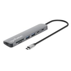 Manhattan Dock/hub USB-C avec lecteur de cartes, 5 ports : HDMI, 2x USB-A + 2x USB-C, avec Power Delivery (PD) 100 W - nécessite un chargeur USB-C externe (non inclus). Alimenté par USB (aucune alimentation externe requise) lorsque le PD n'est pas utilisé
