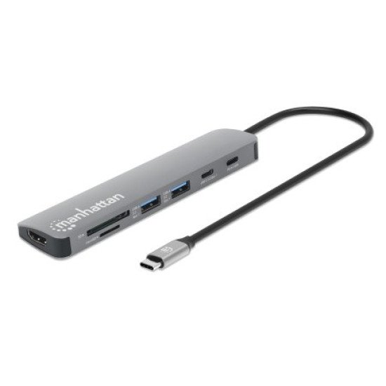 Manhattan Dock/hub USB-C avec lecteur de cartes, 5 ports : HDMI, 2x USB-A + 2x USB-C, avec Power Delivery (PD) 100 W - nécessite un chargeur USB-C externe (non inclus). Alimenté par USB (aucune alimentation externe requise) lorsque le PD n'est pas utilisé