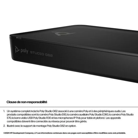 POLY Système de visioconférence Studio G62 avec kit de plaque de montage sans cordon d'alimentation TAA