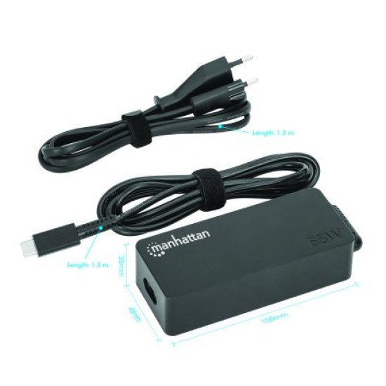 Manhattan Chargeur pour ordinateur portable USB-C Power Delivery 65 W, adaptateur secteur vers USB-C, tension universelle pour la plupart des ordinateurs portables, idéal en remplacement, avec câble secteur amovible et câble USB-C PD intégré, noir