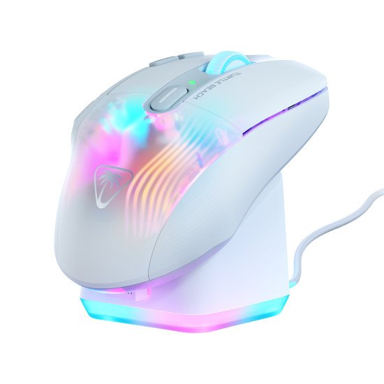 Turtle Beach Kone XP Air - Souris gaming RGB ergonomique, personnalisable et sans fil, Bluetooth, capteur optique 19 000 DPI, autonomie de batterie de 100 heures, station de charge, 29 entrées programmables, éclairage AIMO RGB, molette 4D Blanc