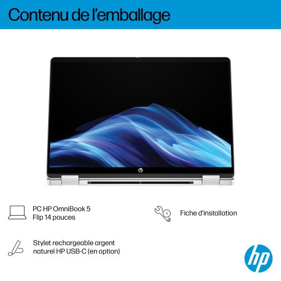 HP OmniBook 5 Flip 14-fp0742nb Intel® Core™ i3 i3-1315U Hybride (2-en-1) 35,6 cm (14") Écran tactile 2K 8 Go LPDDR5-SDRAM 512 Go SSD Wi-Fi 6 (802.11ax) Windows 11 Home Argent