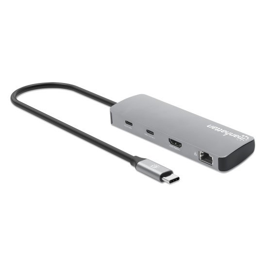 Manhattan Dock/hub USB-C avec lecteur de cartes, 7 ports : Ethernet, HDMI, 3x USB-A + 2x USB-C, avec Power Delivery (PD) 100 W - nécessite un chargeur USB-C externe (non inclus). Alimenté par USB (aucune alimentation externe requise) lorsque le PD n'est p