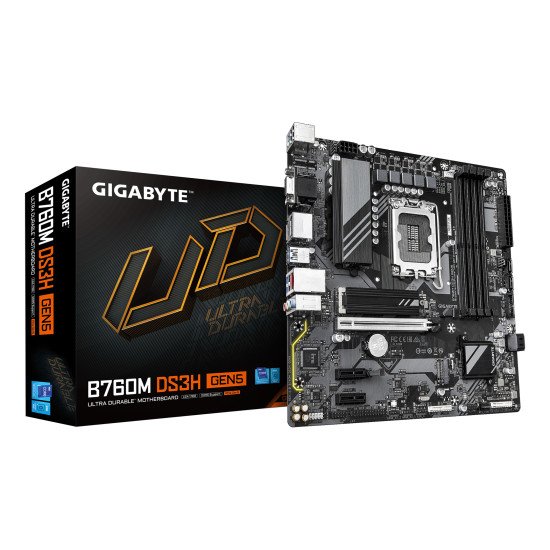 GIGABYTE B760M DS3H GEN5 Carte Mère – Prend en charge les processeurs Intel Core 14e génération, VRM numérique 6+2+1 phases, jusqu'à 5600 MHz DDR5, 2 x M.2 PCIe 4.0, LAN 2.5GbE, USB 3.2 Gen2