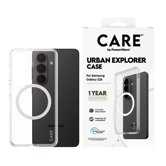PanzerGlass CARE™ by ® Urban Explorer Case Transparent w. White Qi Samsung Galaxy S26 coque de protection pour téléphones portables Housse